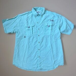 Columbia Mens Medium PFG Bahama II Fishing Shirt Aqua Green Short Sleeve Vented